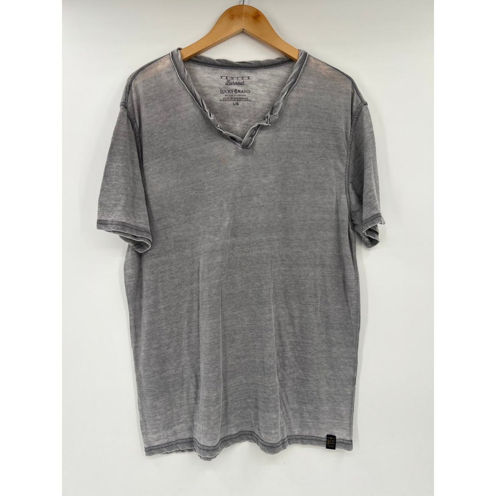 Lucky Brand Venice Burnout Gray Henley Short Sleeve Tee Shirt Mens Large